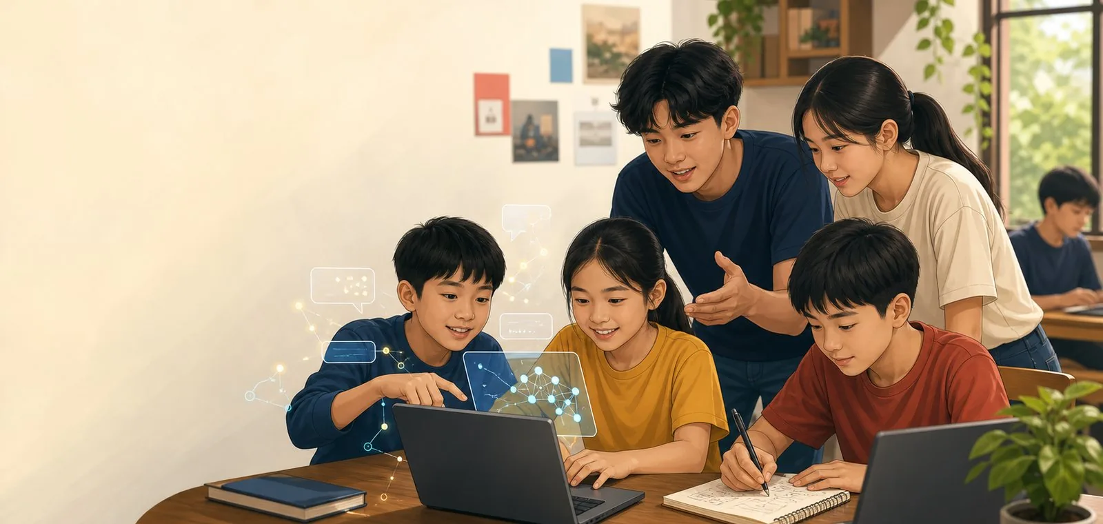 Người lớn ở gần khi các bạn trẻ cùng học với máy tính